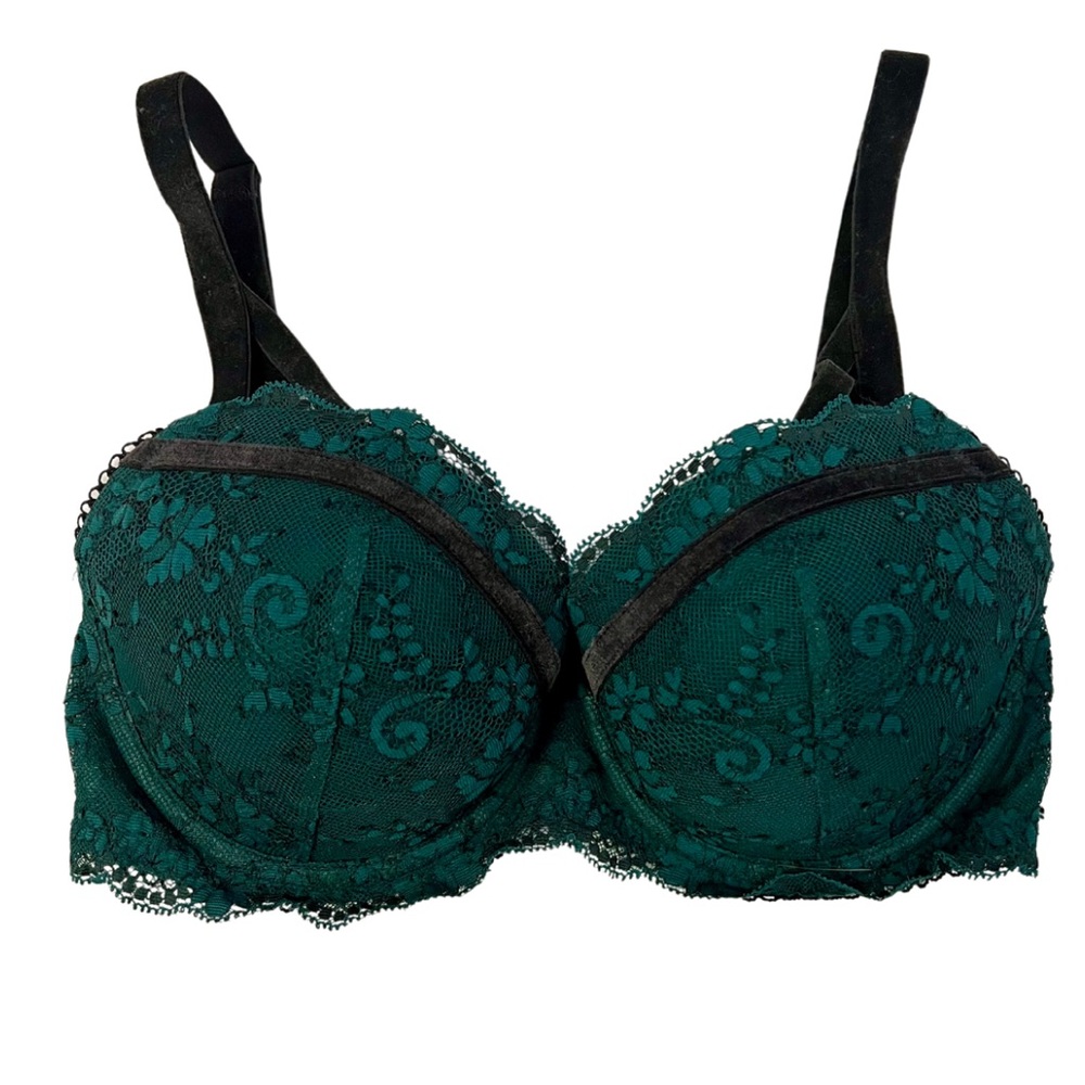Victorias Secret Dream Angels Bra Lined Demi Green & Black Velvet Lace 32DD